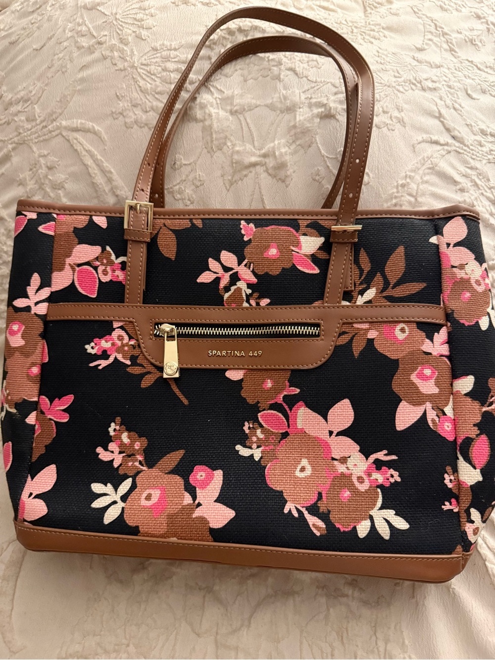 Spartina 449 Black Floral Tote with Brown Trim and Pink Accents